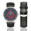 Men's casual watch with a round dial featuring the US Space Force 75th ISR Squadron emblem, silver-tone case and black leather strap, shown with the strap to the side.
