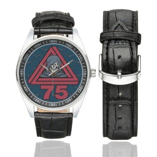 Men's casual watch with a round dial featuring the US Space Force 75th ISR Squadron emblem, silver-tone case and black leather strap, shown with the strap to the side.