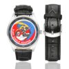 Men's casual watch with a round dial featuring the USAF 1st Fighter Squadron Fury Eagle Keeper emblem, silver-tone case and black leather strap, shown with the strap to the side.
