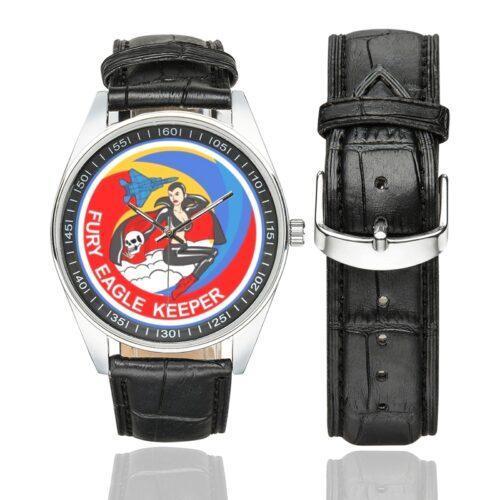 Men's casual watch with a round dial featuring the USAF 1st Fighter Squadron Fury Eagle Keeper emblem, silver-tone case and black leather strap, shown with the strap to the side.