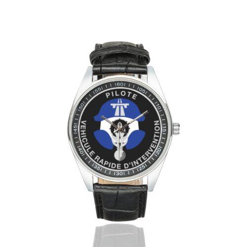 Men's casual watch with a round dial featuring the Pilote VRI emblem, silver-tone case and black leather strap.