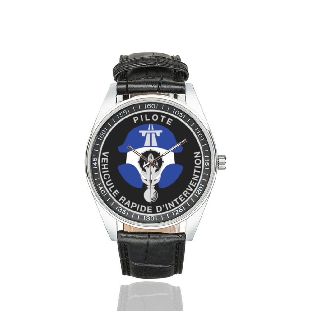 Men's casual watch with a round dial featuring the Pilote VRI emblem, silver-tone case and black leather strap.