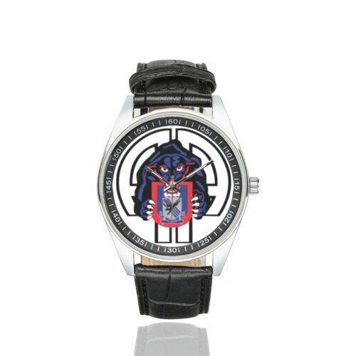 Men's casual watch with a round dial featuring the US Army 505th Parachute Infantry Regt. emblem, silver-tone case and black leather strap.