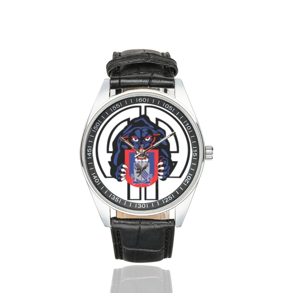 Men's casual watch with a round dial featuring the US Army 505th Parachute Infantry Regt. emblem, silver-tone case and black leather strap.