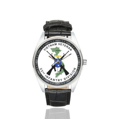 Men's casual watch with a round dial featuring the Vietnam Veteran 23rd Infantry Division emblem, silver-tone case and black leather strap.