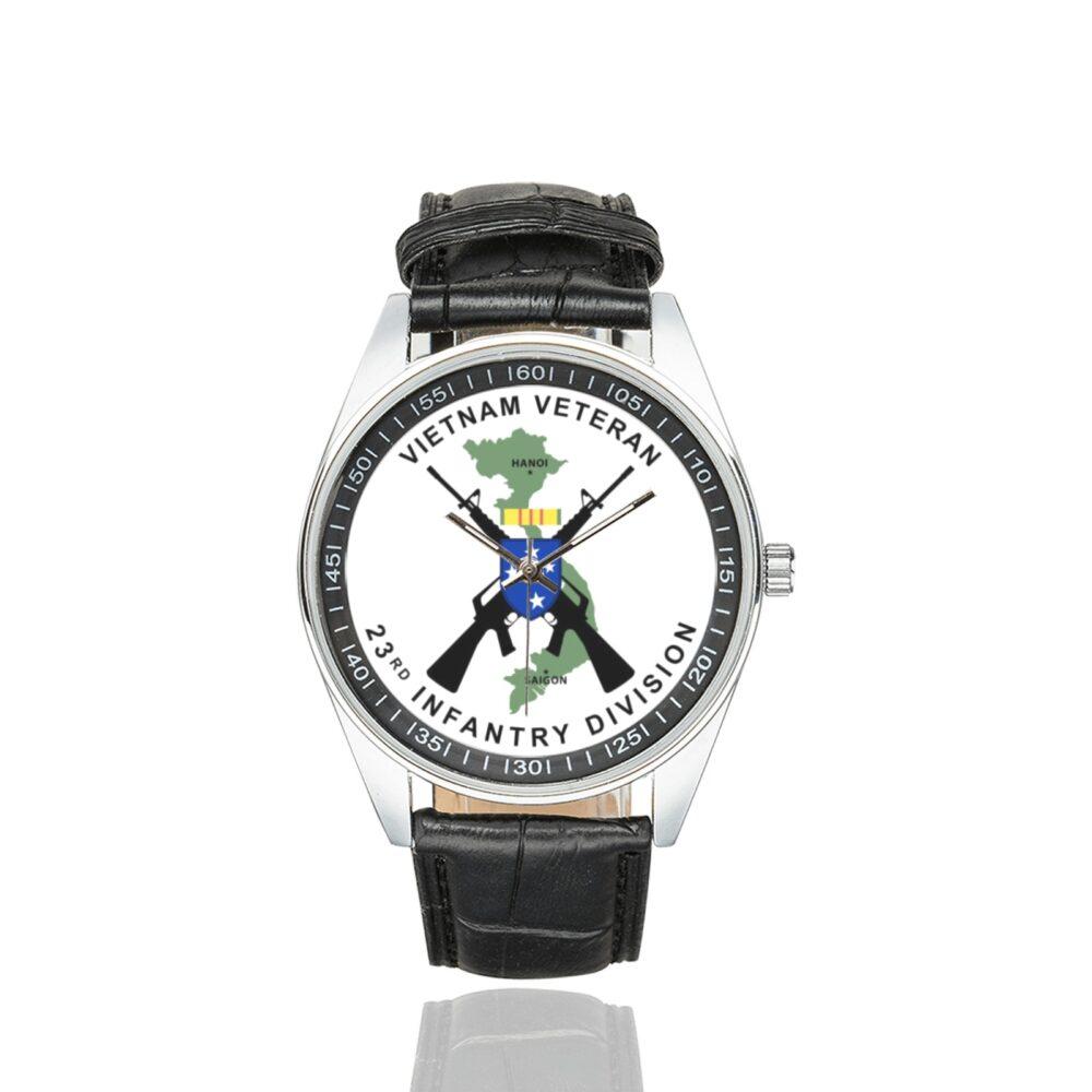 Men's casual watch with a round dial featuring the Vietnam Veteran 23rd Infantry Division emblem, silver-tone case and black leather strap.