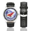 Men's casual watch with a round dial featuring the USAF 123rd Fighter Squadron Redhawk Eagle Driver emblem, silver-tone case and black leather strap, shown with the strap to the side.