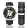 Men's casual watch with a round dial featuring the Opération Licorne emblem, silver-tone case and black leather strap, shown with the strap to the side.