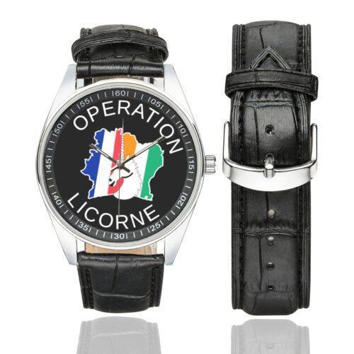 Men's casual watch with a round dial featuring the Opération Licorne emblem, silver-tone case and black leather strap, shown with the strap to the side.