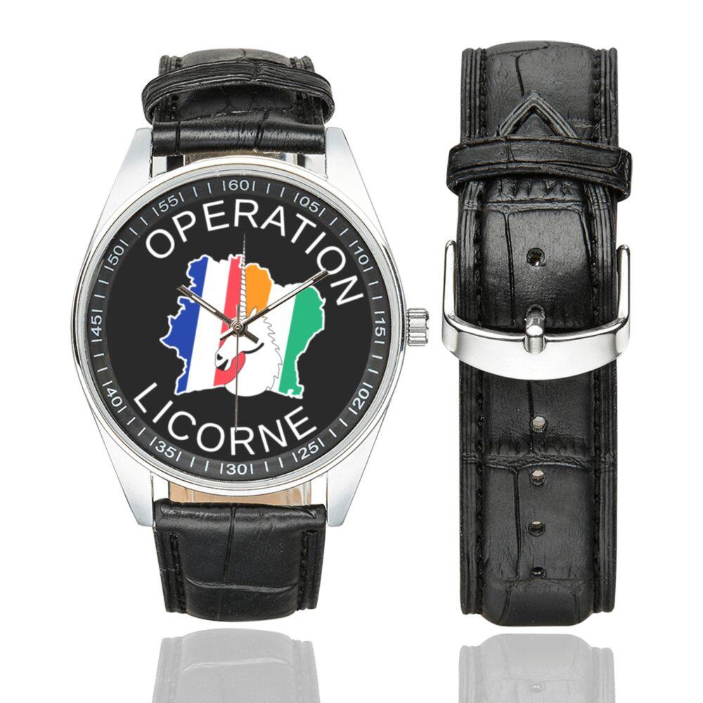 Men's casual watch with a round dial featuring the Opération Licorne emblem, silver-tone case and black leather strap, shown with the strap to the side.