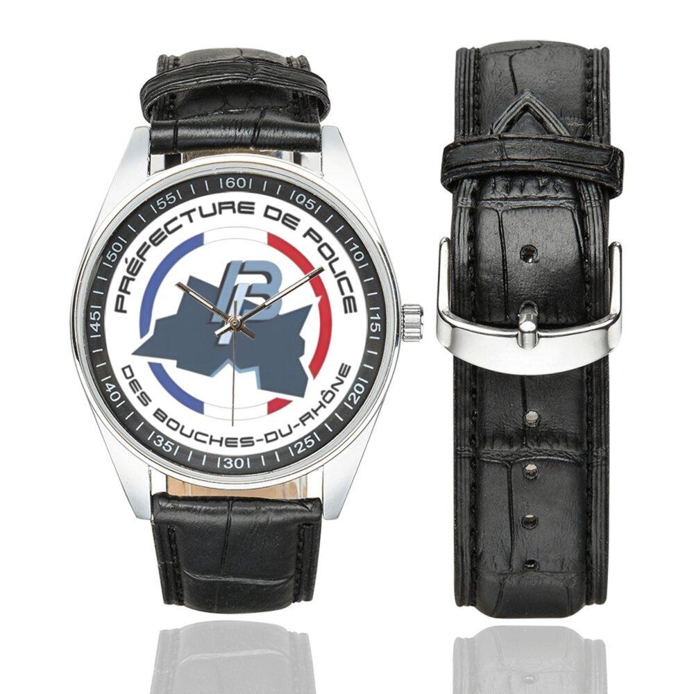 Men's casual watch with a round dial featuring the préfecture de police des bouches du Rhône 2 emblem, silver-tone case and black leather strap, shown with the strap to the side.