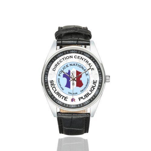 Men's casual watch with a round dial featuring the DCSP emblem, silver-tone case and black leather strap.