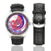 Men's casual watch with a round dial featuring the USAF 74th Fighter Squadron Hog Driver emblem, silver-tone case and black leather strap, shown with the strap to the side.