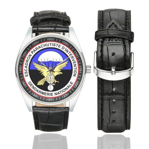 Men's casual watch with a round dial featuring the Escadron parachutiste d'intervention de la Gendarmerie nationale (EPIGN) emblem, silver-tone case and black leather strap, shown with the strap to the side.