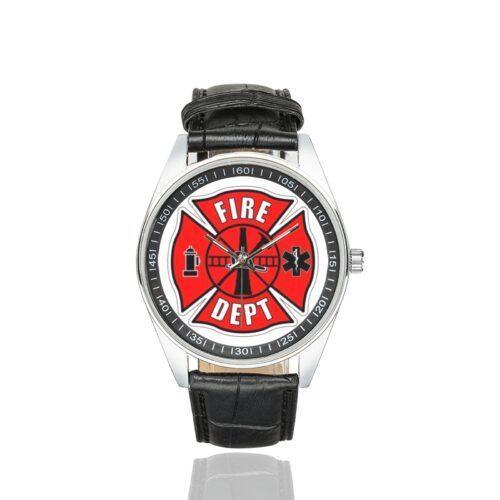 Men's casual watch with a round dial featuring the Fire Department emblem, silver-tone case and black leather strap.
