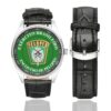 Men's casual watch with a round dial featuring the Brazilian Army Special Operations Platoon emblem, silver-tone case and black leather strap, shown with the strap to the side.