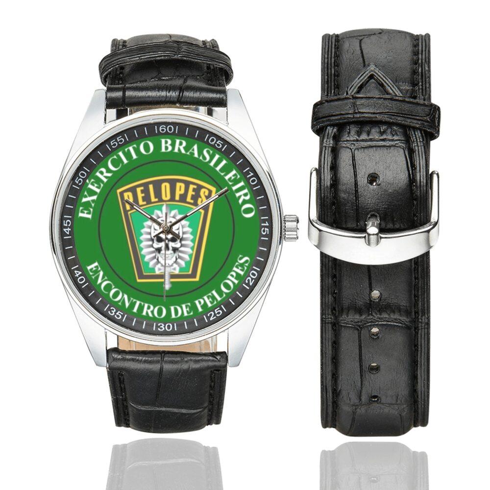 Men's casual watch with a round dial featuring the Brazilian Army Special Operations Platoon emblem, silver-tone case and black leather strap, shown with the strap to the side.