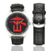 Men's casual watch with a round dial featuring the Royal Navy Commando emblem, silver-tone case and black leather strap, shown with the strap to the side.