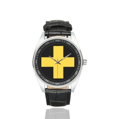 Men's casual watch with a round dial featuring the 33rd Infantry Division SSI emblem, silver-tone case and black leather strap.