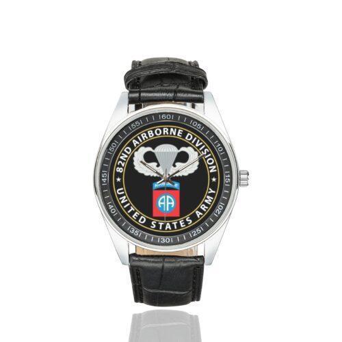 Men's casual watch with a round dial featuring the 82nd Airborne emblem, silver-tone case and black leather strap.