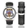 Men's casual watch with a round dial featuring the US Army Airborne Recon emblem, silver-tone case and black leather strap, shown with the strap to the side.