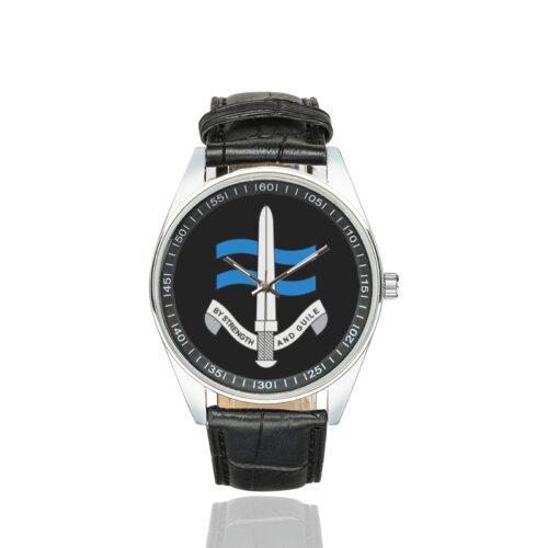 Men's casual watch with a round dial featuring the SBS Special Boat Service - British Special Forces emblem, silver-tone case and black leather strap.