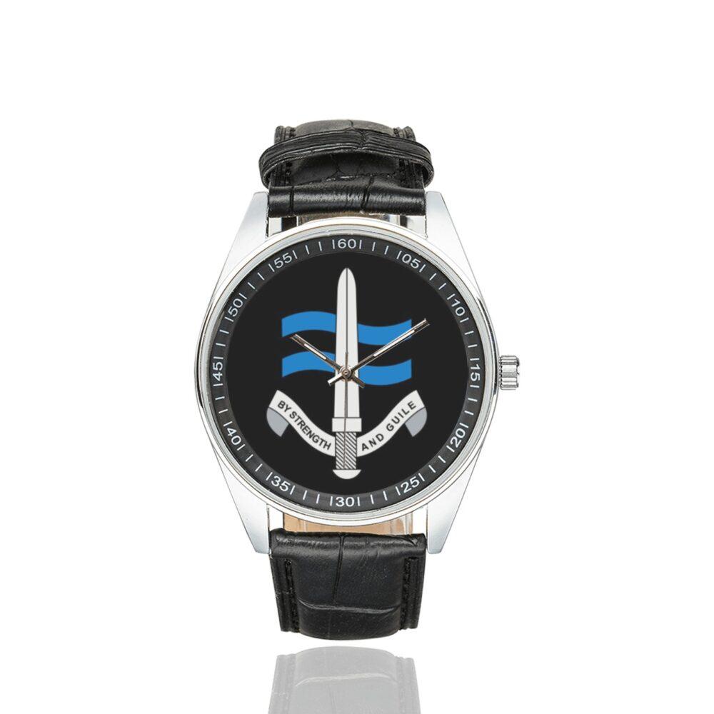 Men's casual watch with a round dial featuring the SBS Special Boat Service - British Special Forces emblem, silver-tone case and black leather strap.