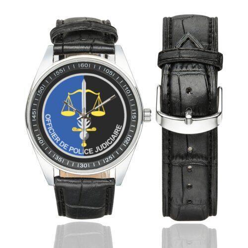 Men's casual watch with a round dial featuring the OPJ Gendarmerie emblem, silver-tone case and black leather strap, shown with the strap to the side.