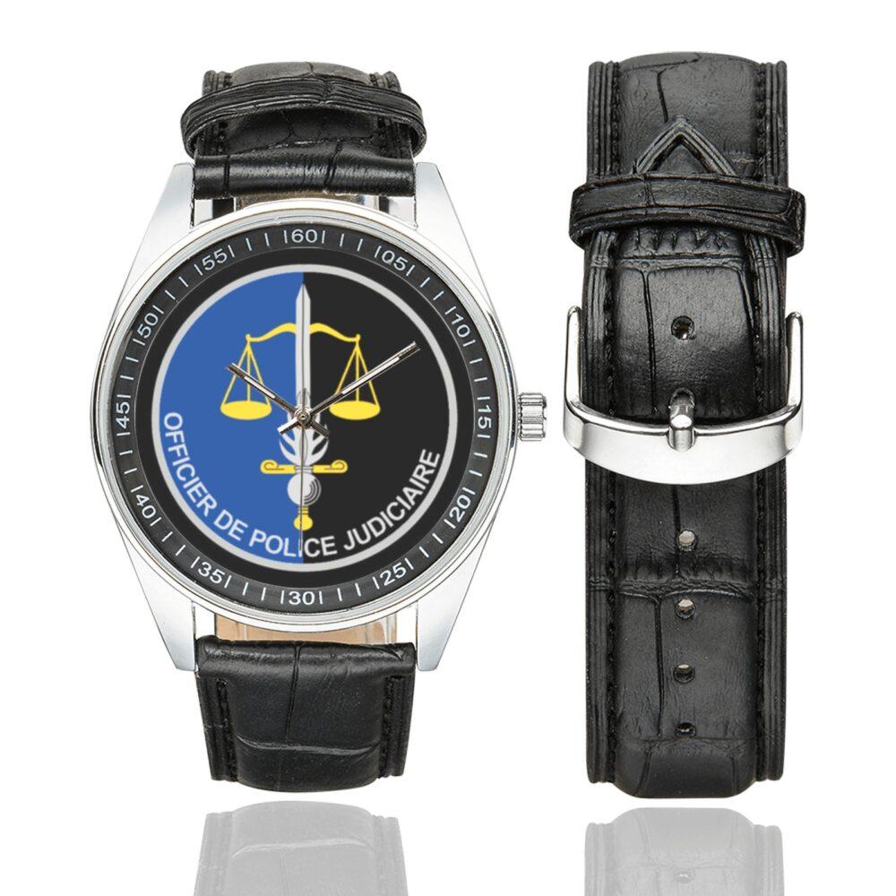 Men's casual watch with a round dial featuring the OPJ Gendarmerie emblem, silver-tone case and black leather strap, shown with the strap to the side.