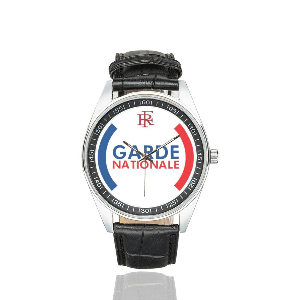 Men's casual watch with a round dial featuring the Garde Nationale emblem, silver-tone case and black leather strap.