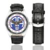 Men's casual watch with a round dial featuring the US Army 2nd BN 325th Airborne Infantry emblem, silver-tone case and black leather strap, shown with the strap to the side.