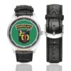 Men's casual watch with a round dial featuring the Irish Rangers emblem, silver-tone case and black leather strap, shown with the strap to the side.