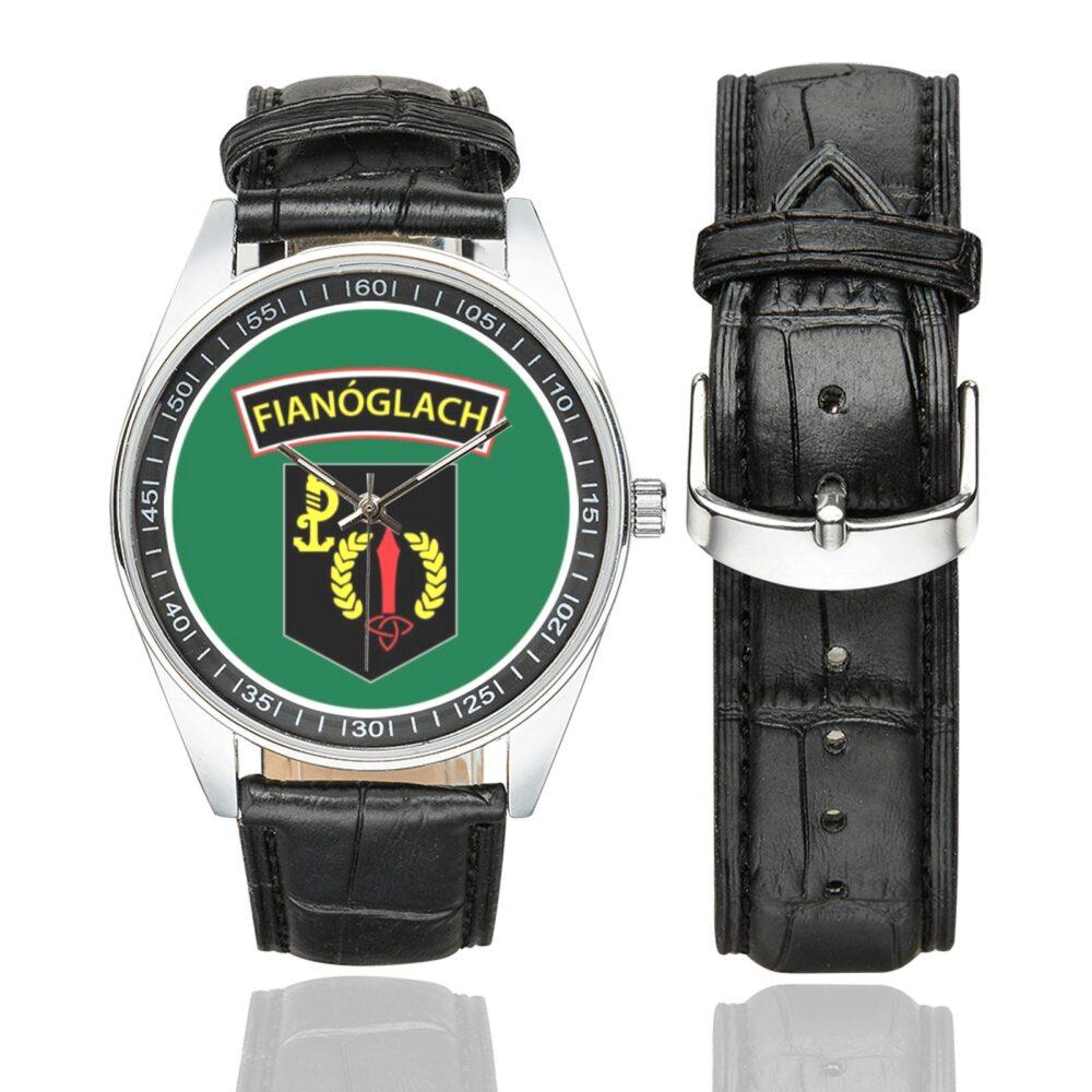 Men's casual watch with a round dial featuring the Irish Rangers emblem, silver-tone case and black leather strap, shown with the strap to the side.
