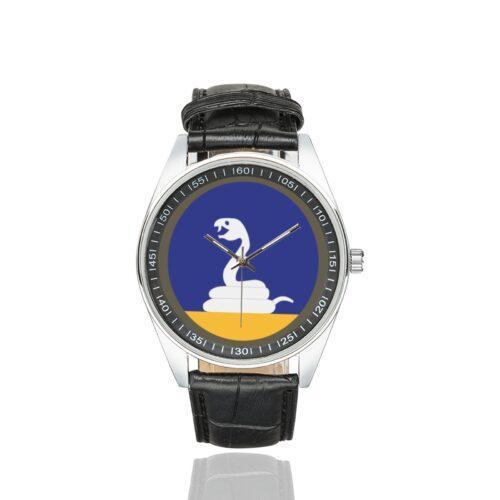 Men's casual watch with a round dial featuring the 59 INF DIV SSI emblem, silver-tone case and black leather strap.