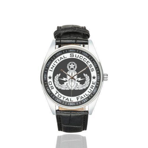 Men's casual watch with a round dial featuring the EOD Master ISoTF emblem, silver-tone case and black leather strap.