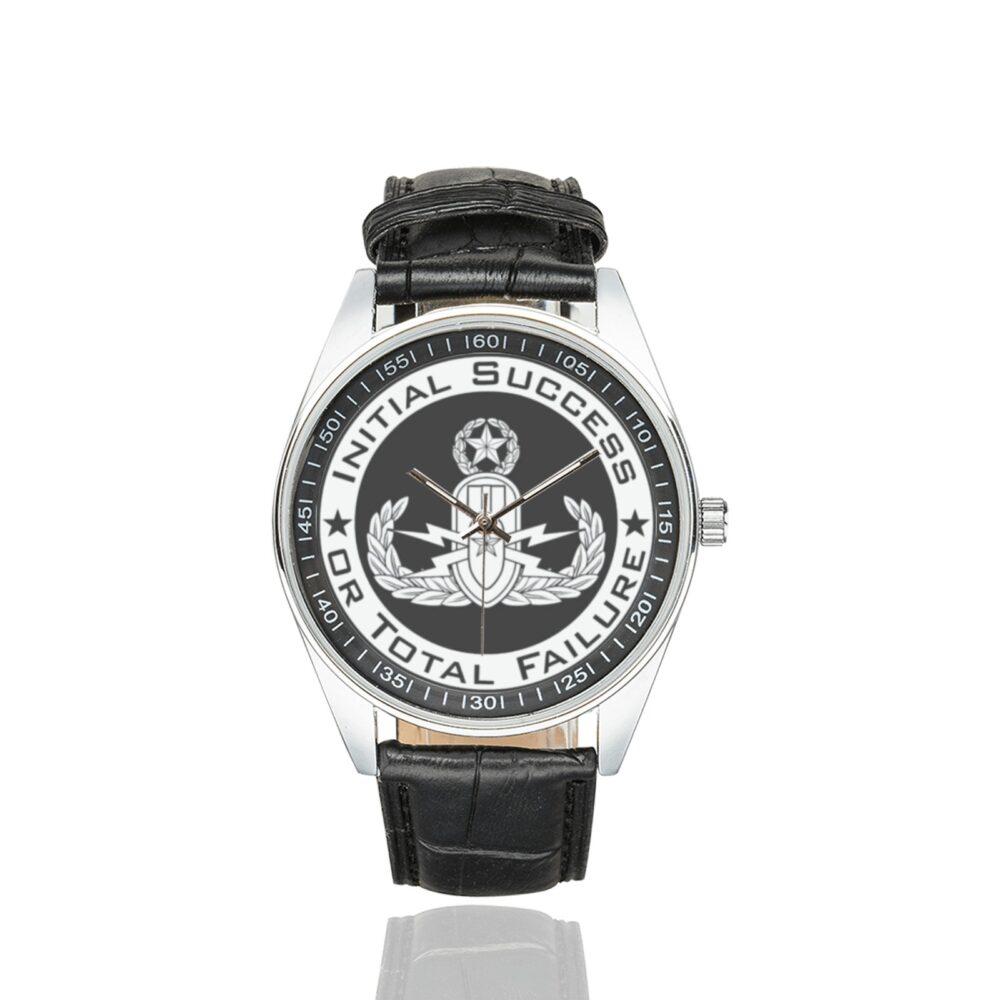 Men's casual watch with a round dial featuring the EOD Master ISoTF emblem, silver-tone case and black leather strap.
