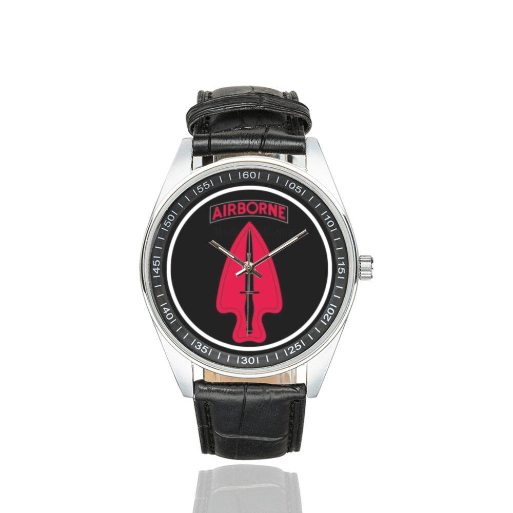 Men's casual watch with a round dial featuring the US Army 1st Special Forces Delta Force emblem, silver-tone case and black leather strap.