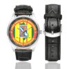 Men's casual watch with a round dial featuring the US Army 198th Infantry BDE Vietnam Veteran emblem, silver-tone case and black leather strap, shown with the strap to the side.