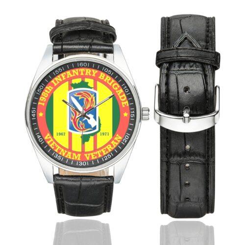 Men's casual watch with a round dial featuring the US Army 198th Infantry BDE Vietnam Veteran emblem, silver-tone case and black leather strap, shown with the strap to the side.