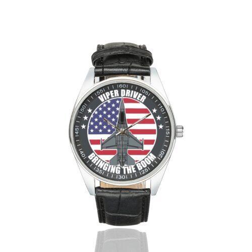 Men's casual watch with a round dial featuring the Viper Driver Bringing the Doom emblem, silver-tone case and black leather strap.