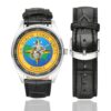 Men's casual watch with a round dial featuring the Marine Forces Reserve insignia (transparent background) emblem, silver-tone case and black leather strap, shown with the strap to the side.