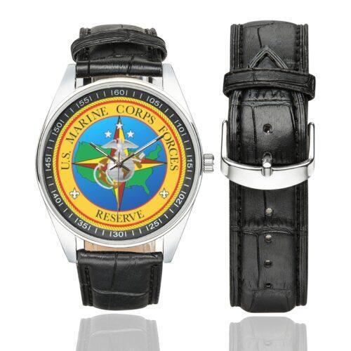 Men's casual watch with a round dial featuring the Marine Forces Reserve insignia (transparent background) emblem, silver-tone case and black leather strap, shown with the strap to the side.