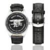 Men's casual watch with a round dial featuring the Navy SEAL The Only Easy Day Was Yesterday emblem, silver-tone case and black leather strap, shown with the strap to the side.