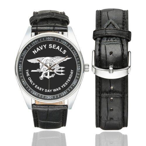 Men's casual watch with a round dial featuring the Navy SEAL The Only Easy Day Was Yesterday emblem, silver-tone case and black leather strap, shown with the strap to the side.