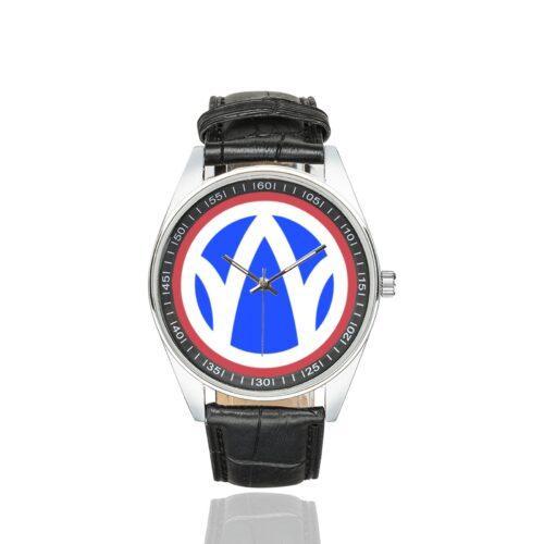 Men's casual watch with a round dial featuring the 89th Regional Readiness Command SSI emblem, silver-tone case and black leather strap.