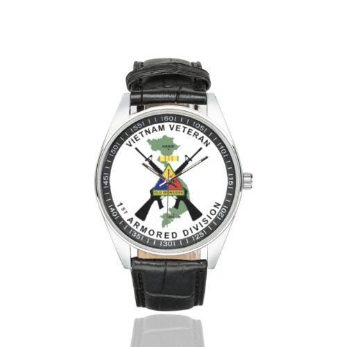 Men's casual watch with a round dial featuring the Vietnam Veteran 1st Armored Division emblem, silver-tone case and black leather strap.