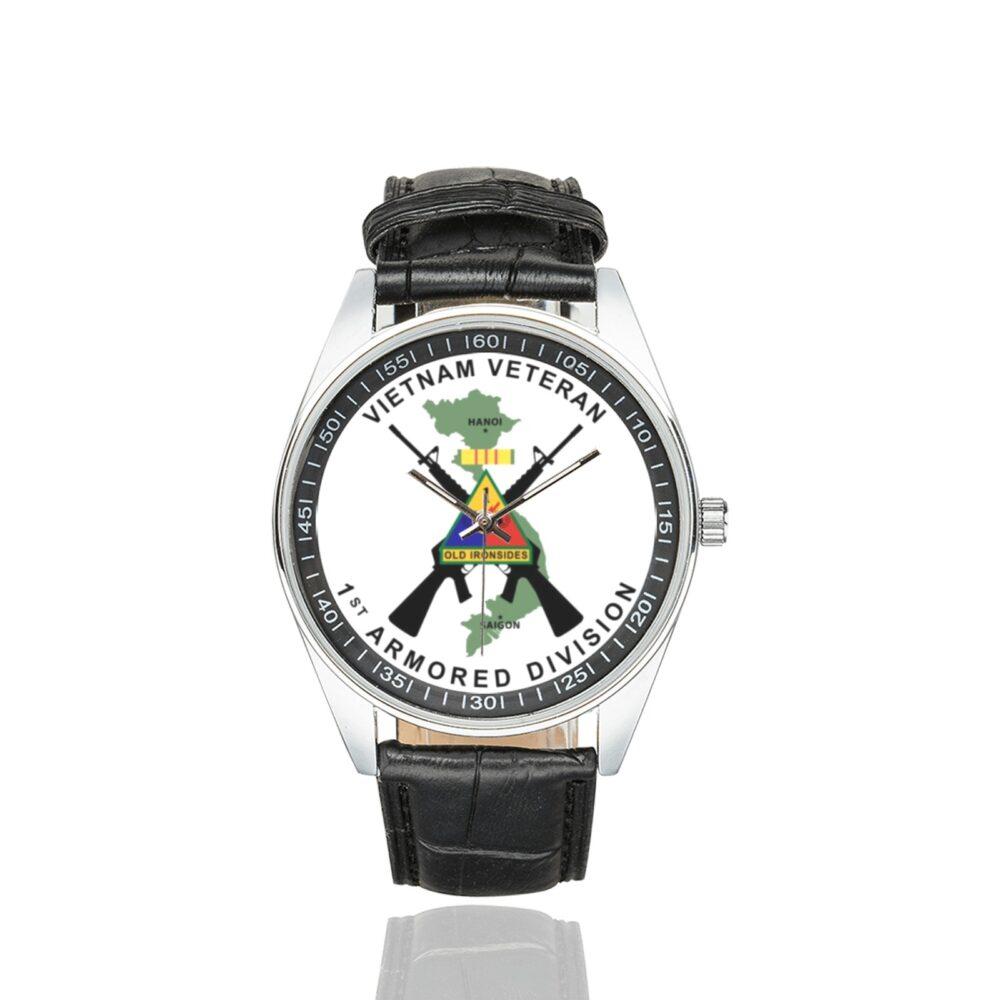 Men's casual watch with a round dial featuring the Vietnam Veteran 1st Armored Division emblem, silver-tone case and black leather strap.