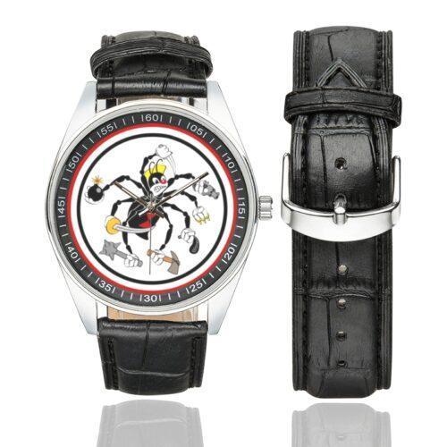 Men's casual watch with a round dial featuring the USAF 547th Night Fighter emblem, silver-tone case and black leather strap, shown with the strap to the side.