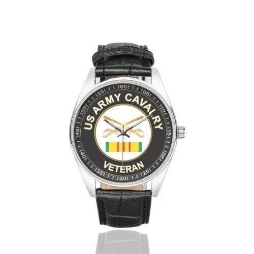 Men's casual watch with a round dial featuring the US Army Cavalry Vietnam Veteran emblem, silver-tone case and black leather strap.