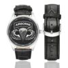 Men's casual watch with a round dial featuring the US Army Airborne Veteran emblem, silver-tone case and black leather strap, shown with the strap to the side.